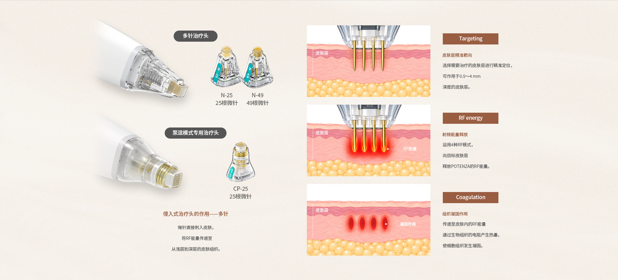 POTENZA侵入式多针治疗头：利用微针与射频能量进行靶向作用与凝固。